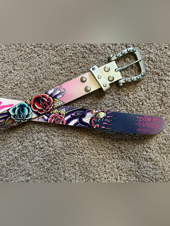 Ed Hardy Pink White Script Tattoo Belt with Floral & Panther Motifs main image 4